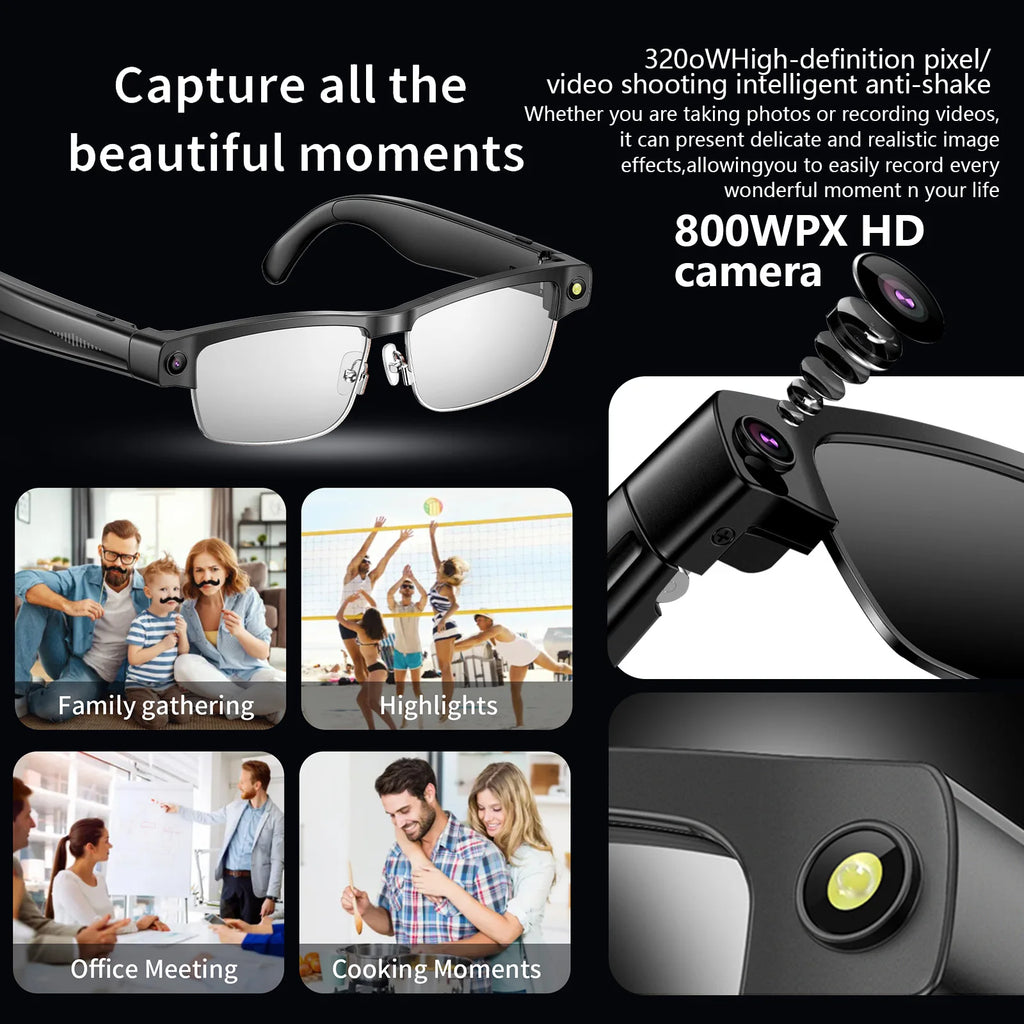 Smart AI Glasses with ChatGPT, 8MP Camera, 1200P Video Recording, Real-Time Translation, Voice Assistant, Bluetooth and WiFi