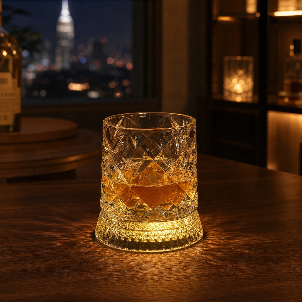Rotating Whiskey Glass with LED Light Up Coaster,9 oz,Clear Glass