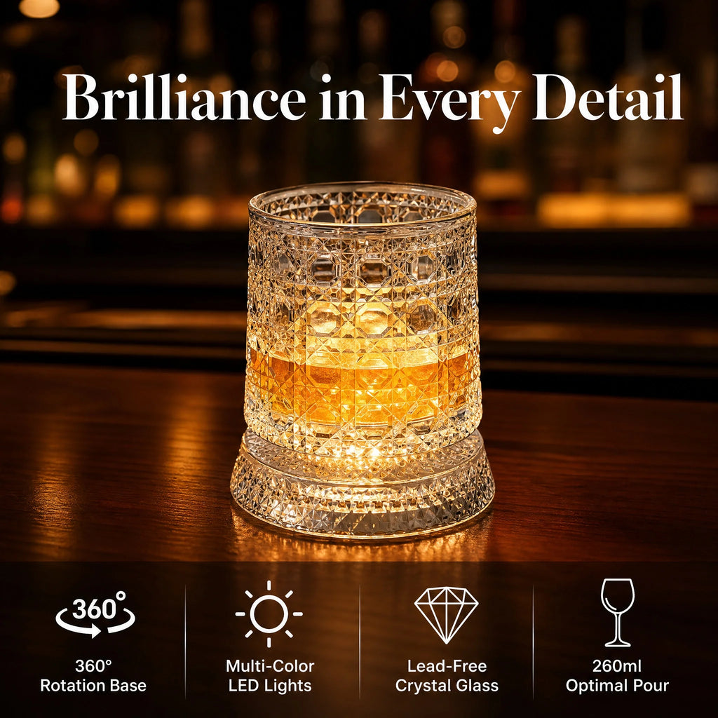 Rotating Whiskey Glass with LED Light Up Coaster,9 oz,Clear Glass