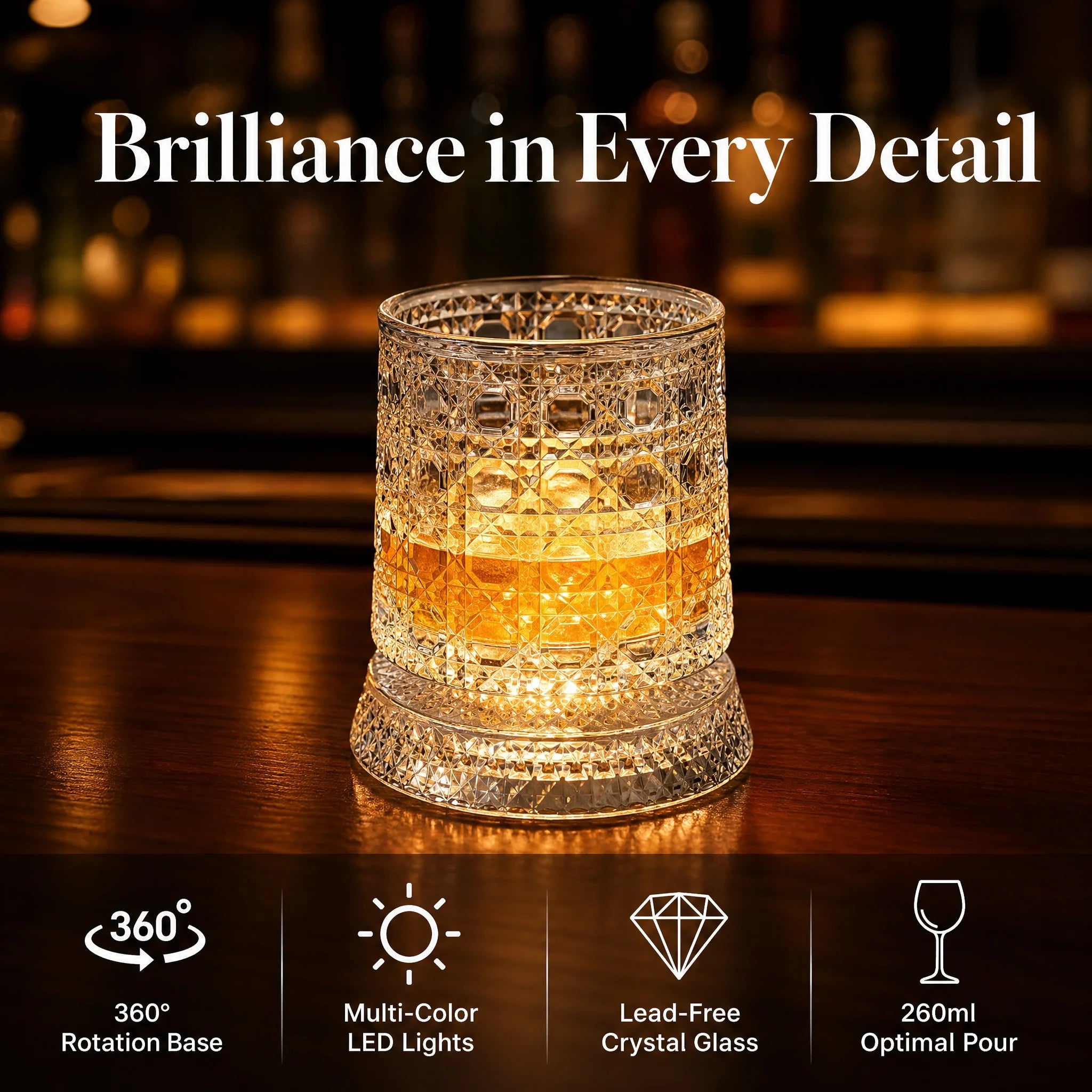 Rotating Whiskey Glass with LED Light Up Coaster,9 oz,Clear Glass