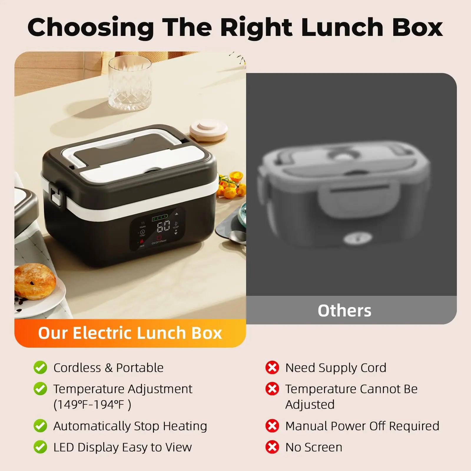 Wireless Electric Insulated Lunch Box, Stainless Steel Lunch  Food Warmer