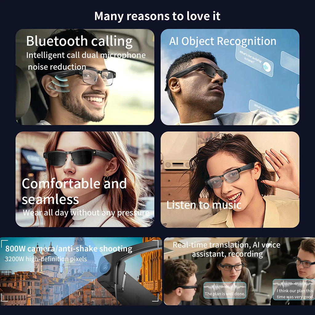 Smart AI Glasses with ChatGPT, 8MP Camera, 1200P Video Recording, Real-Time Translation, Voice Assistant, Bluetooth and WiFi