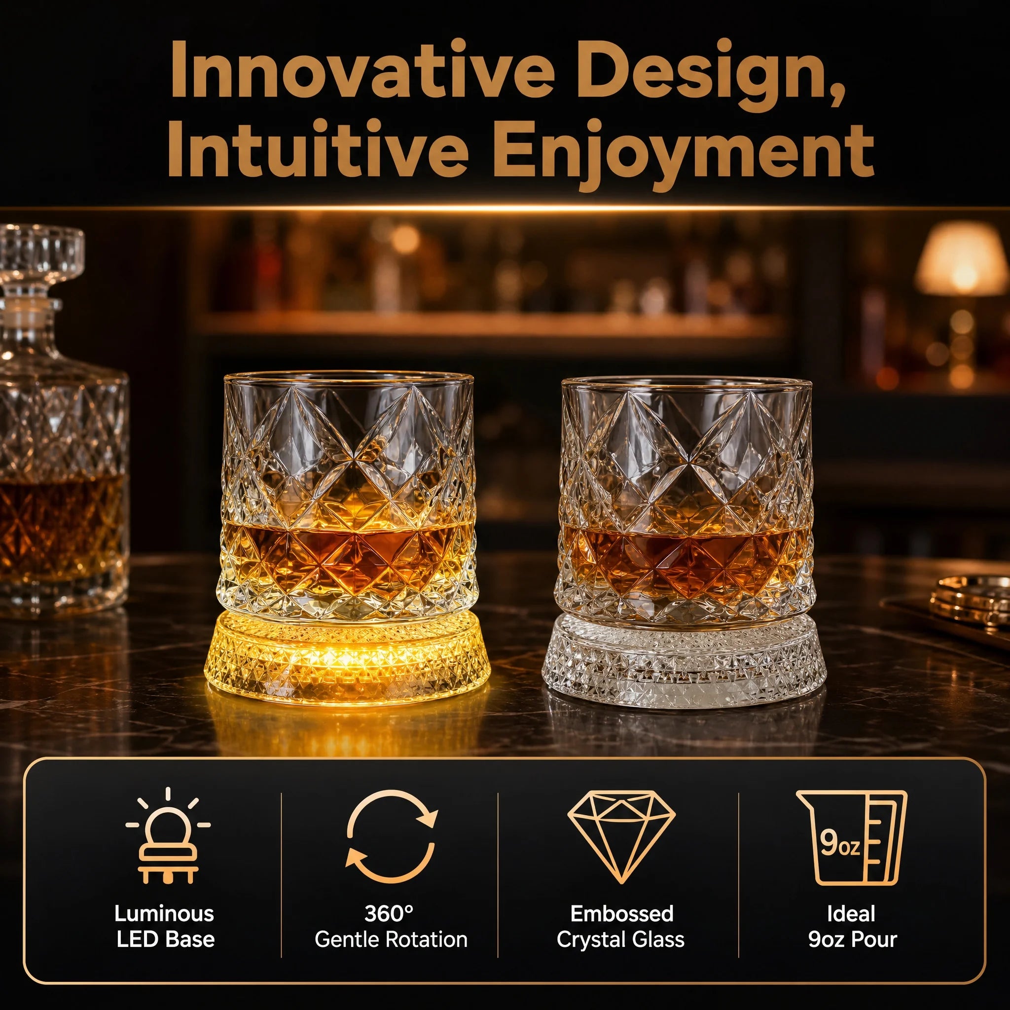 Rotating Whiskey Glass with LED Light Up Coaster,9 oz,Clear Glass