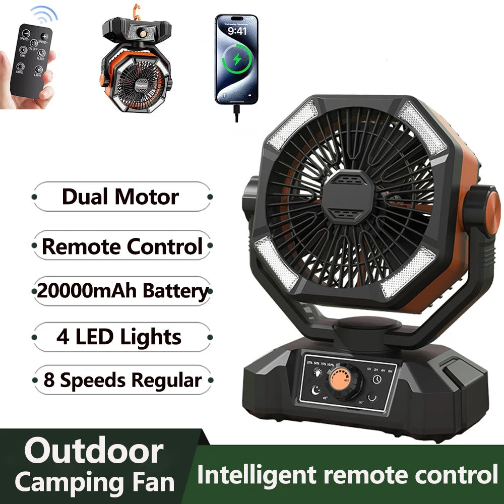 20000mAh Battery Camping Fan with 4 LED Lantern 8 Speeds