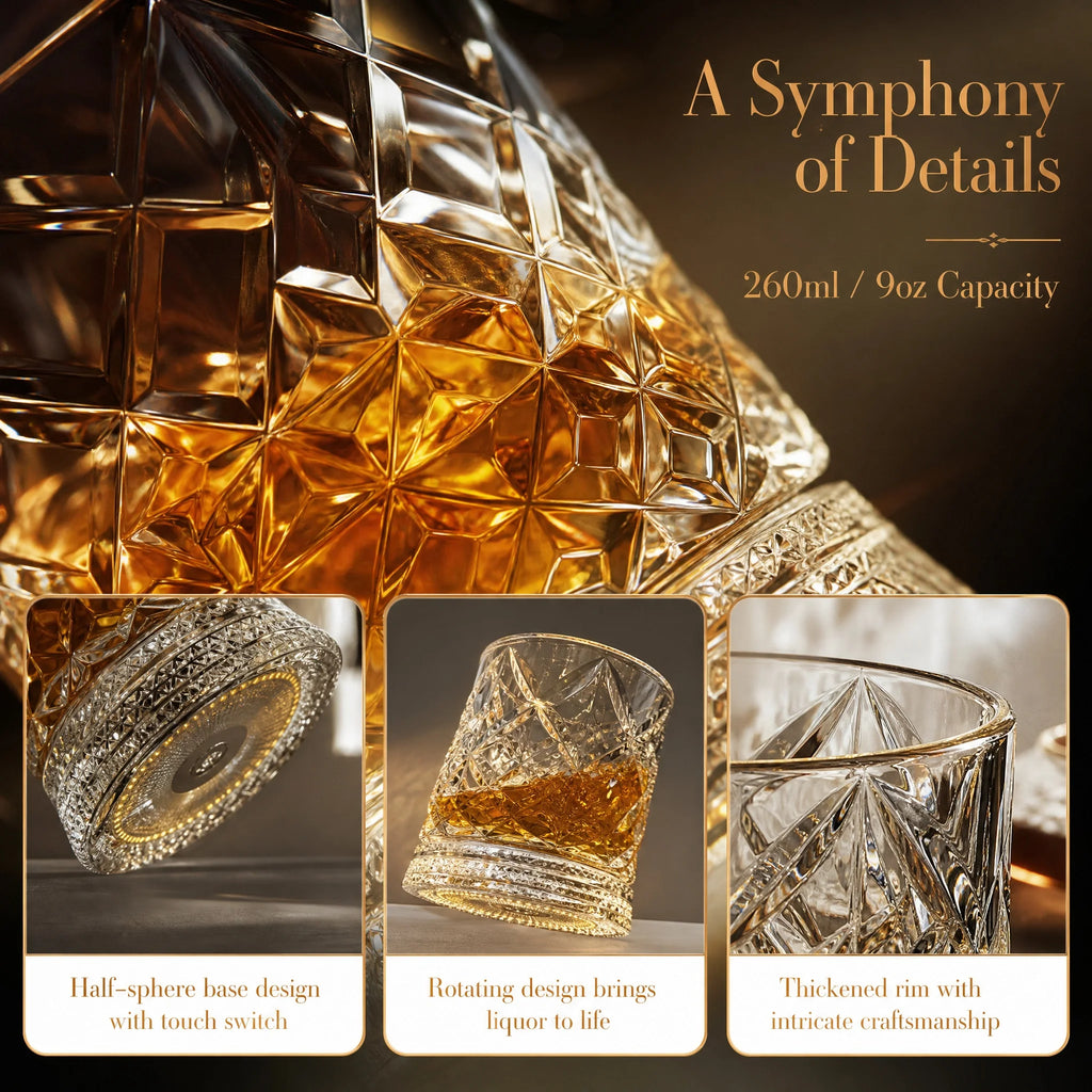 Rotating Whiskey Glass with LED Light Up Coaster,9 oz,Clear Glass