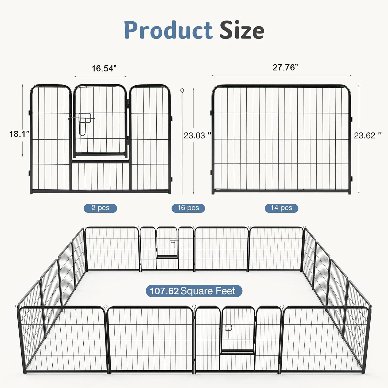 16 Panels Dog Fence Metal 24 Inch to 32 Inch Foldable for Large Dogs