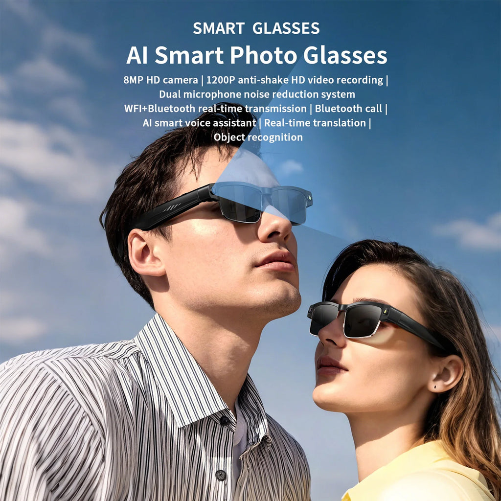Smart AI Glasses with ChatGPT, 8MP Camera, 1200P Video Recording, Real-Time Translation, Voice Assistant, Bluetooth and WiFi