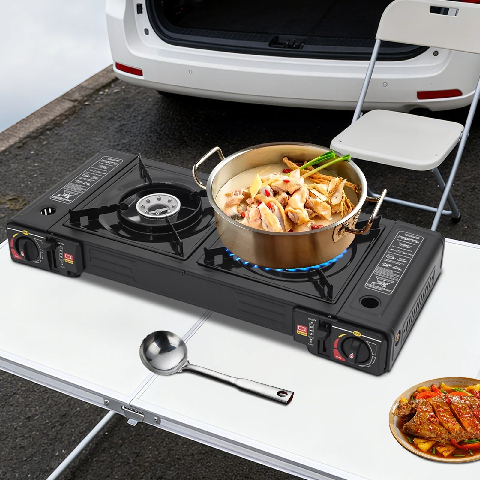 2 Burners Portable Camping Stove, 2.5KW Auto Ignition Butane/LPG Gas Stove w/Baking Tray+Carrying Case for RV Outdoor Picnic BBQ