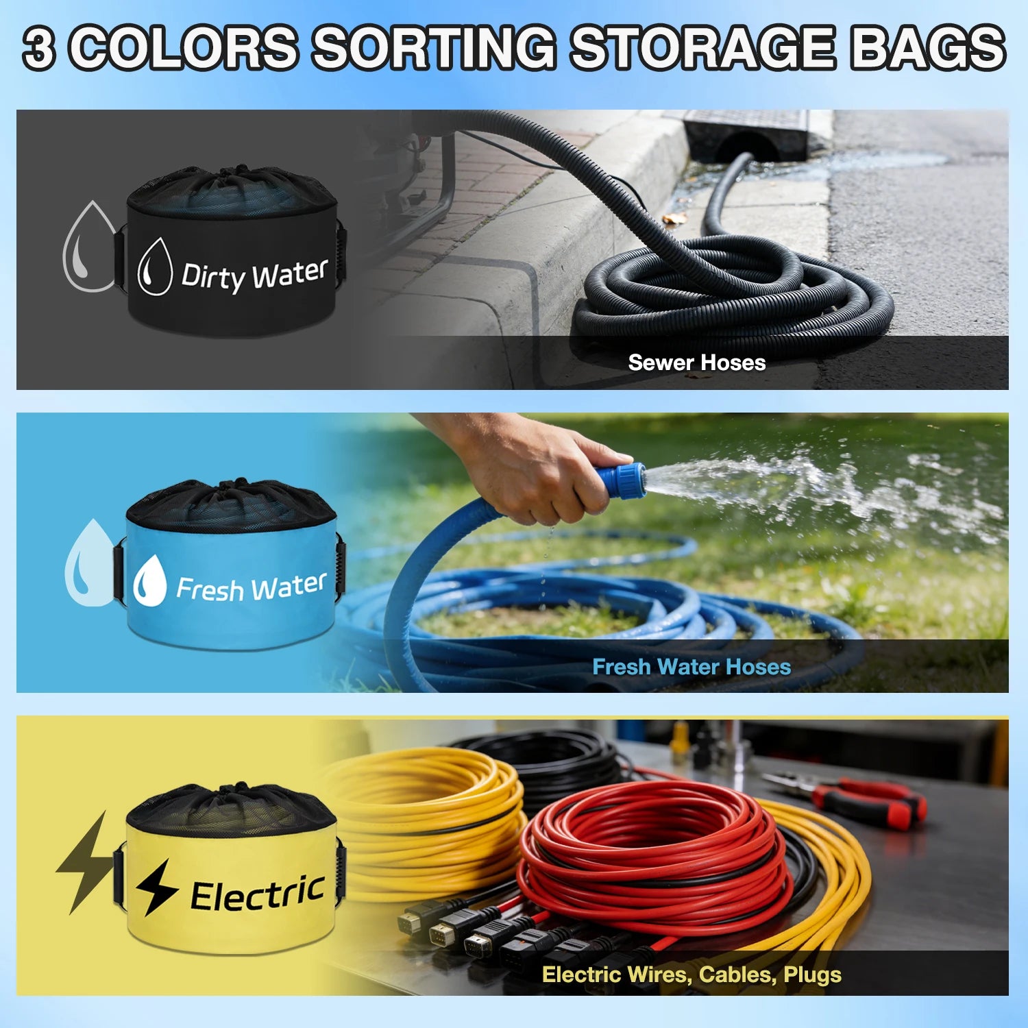 3 Pack RV Hose Storage Bags for Sewer, Fresh Water Hoses Electrical Cords