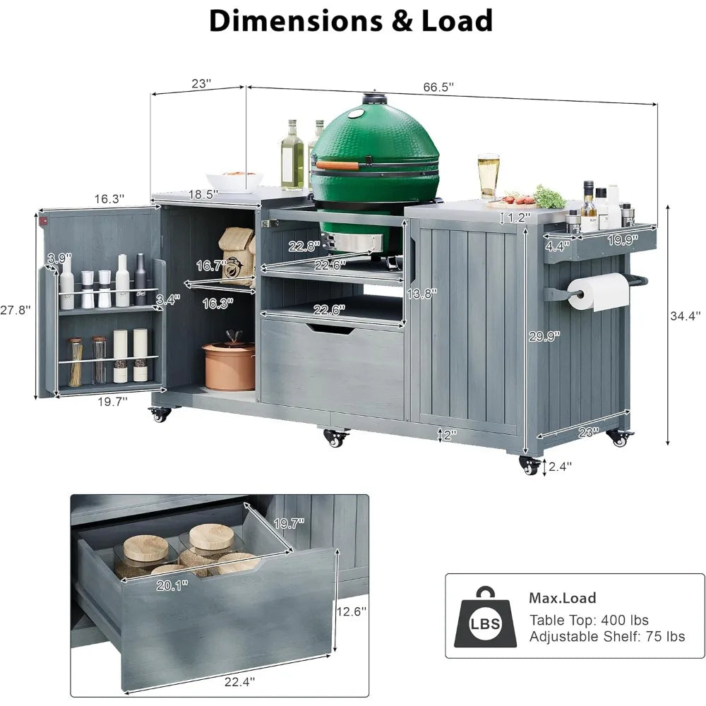 Outdoor Kitchen Island for Big Green Egg Grills, 66.5"  with Stainless Steel Top,