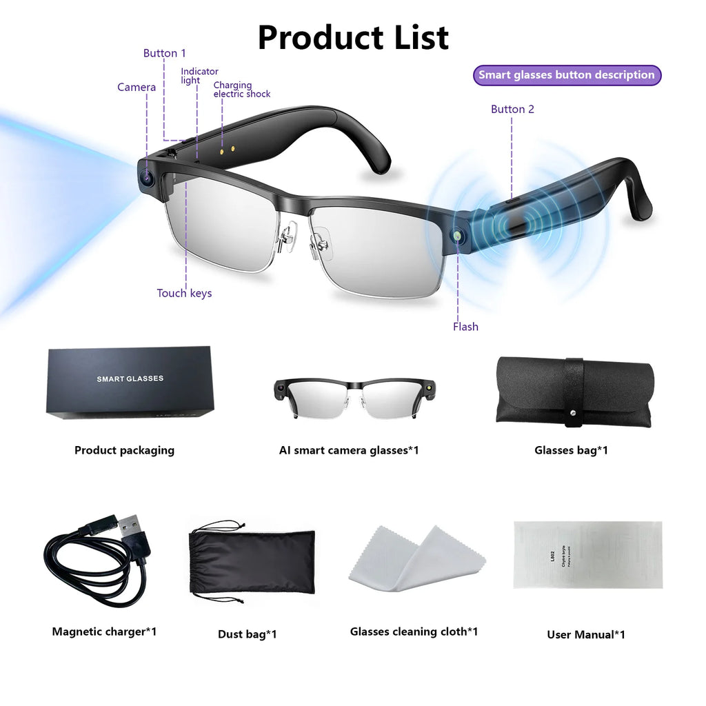 Smart AI Glasses with ChatGPT, 8MP Camera, 1200P Video Recording, Real-Time Translation, Voice Assistant, Bluetooth and WiFi