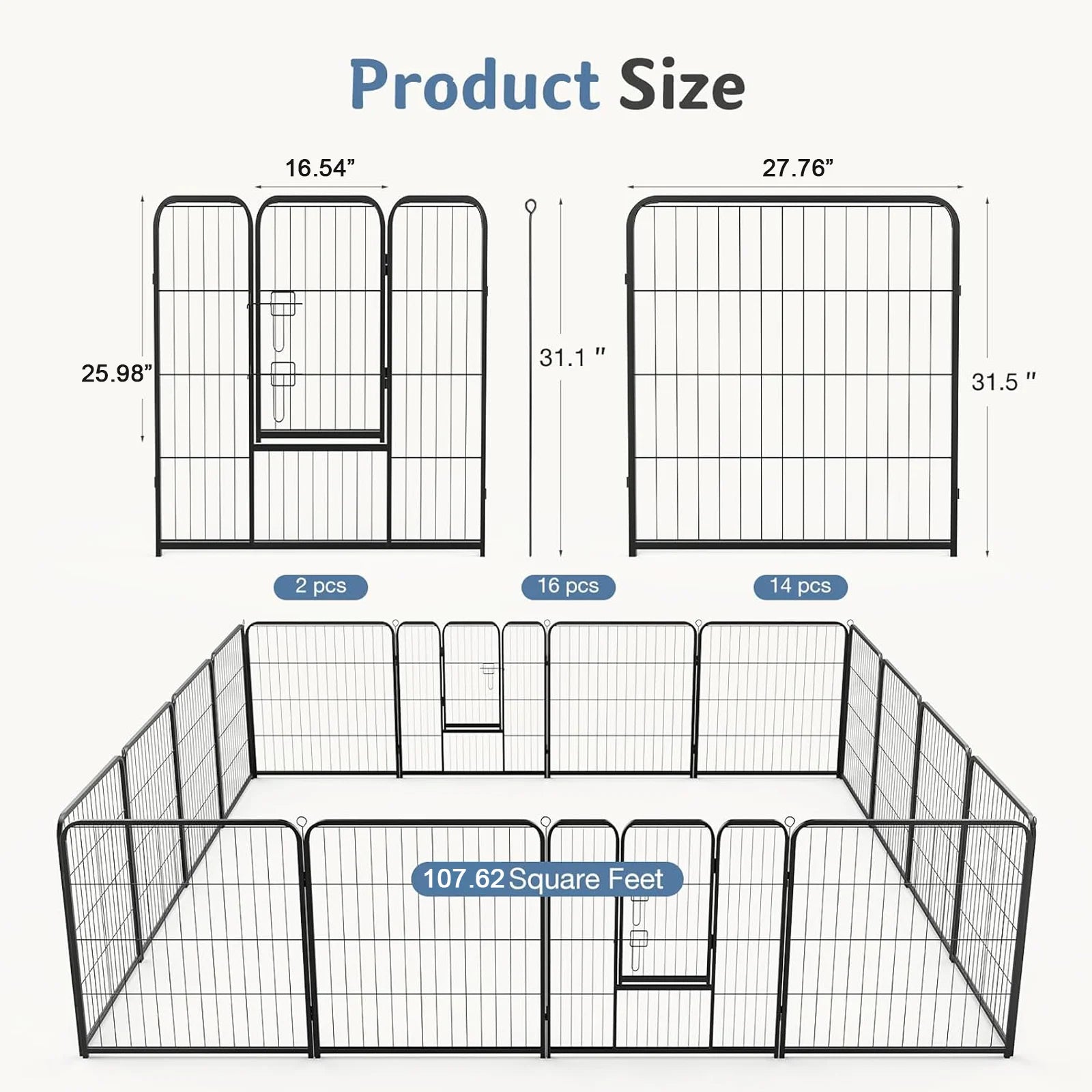 16 Panels Dog Fence Metal 24 Inch to 32 Inch Foldable for Large Dogs